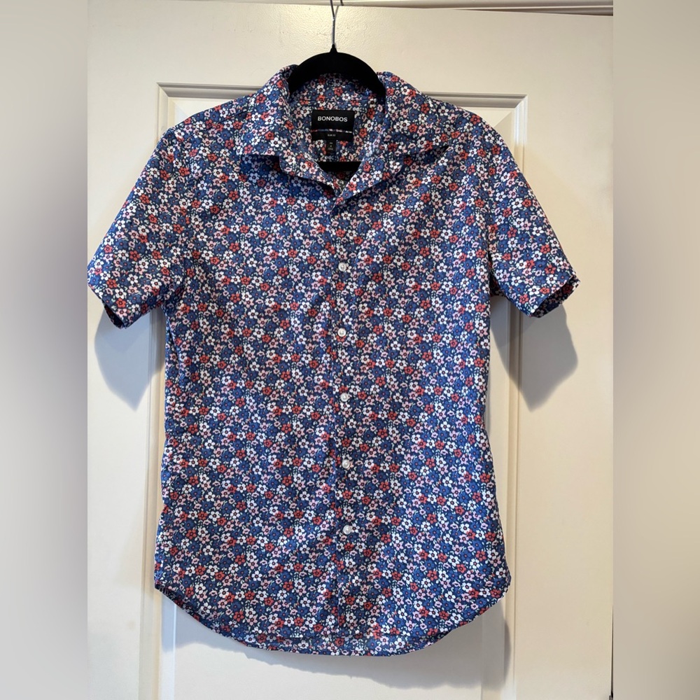 Bonobos Men's Casual Blue and Red Floral Shirt